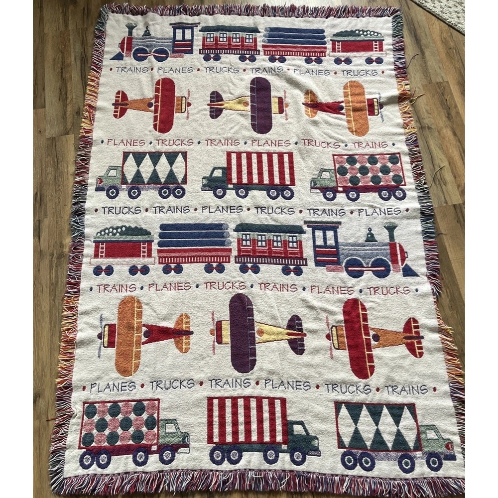 Vintage Tapestry Throw Blanket Airplanes, Trains & Trucks 46" X 65"